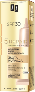 Krem AA 5Repair Złota Kuracja SPF 30 z 24K złotem, wit. C i ceramidami, w złotym opakowaniu, widok z przodu.