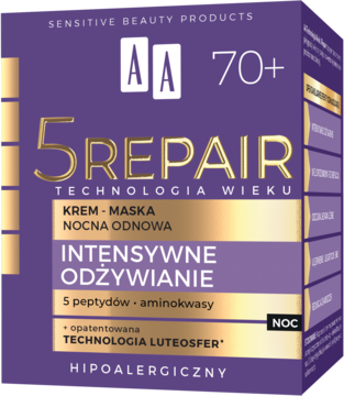 Fioletowe pudełko AA 5 Repair krem-maska nocna 70+ z technologią Luteosfer, widok z przodu, złotymi akcentami.