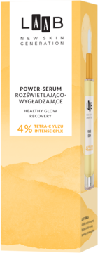 Żółto-białe opakowanie serum AA LAAB Power-Serum Tetra-C Yuzu z butelką na boku, rozświetlająco-wygładzające.