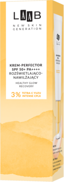 AA Laab Krem-perfector SPF 50+ rozświetlający, z 3% Tetra-C Yuzu, w białym pudełku z żółtym dołem, widok z przodu.