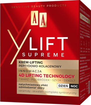 AA YLIFT SUPREME peptydowo-kolagenowy krem liftingujący, w czerwono-złotym pudełku, widok z przodu pod kątem.