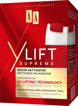 Czerwone pudełko serum AA YLift Supreme z masażerem, peptydowo-kolagenowe, 4D Lifting Technology, widok z przodu.