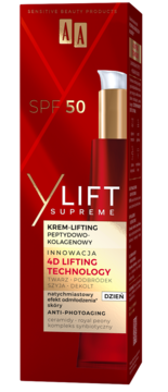 AA Y Lift Supreme SPF 50 krem-lifting w czerwonym pudełku, widok z przodu, z widocznym aplikatorem.