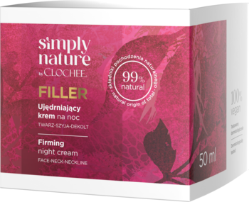 Opakowanie Clochee Simply Nature Filler Ujędrniający krem na noc 50ml, magenta, widok pod kątem na przód i bok.