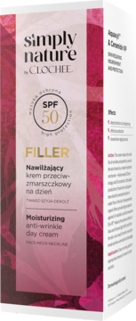 Krem Clochee Simply Nature Filler SPF 50 przeciwzmarszczkowy, biało-różowe pudełko, widok pod kątem.