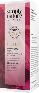 Białe pudełko kremu Clochee Simply Nature Filler SPF 30 z różowym wzorem, nawilżający krem antyoksydacyjny, widok z przodu.