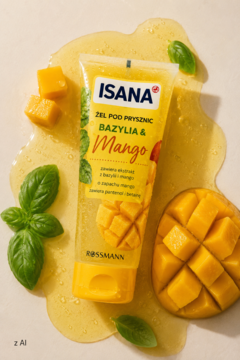 Isana żel pod prysznic Bazylia i Mango, tuba w kałuży żółtego żelu, świeże mango i liście bazylii.