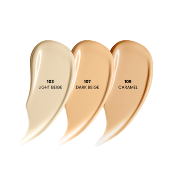 Swatche podkładu AA Filer wypełniającego zmarszczki: 103 Light Beige, 107 Dark Beige, 109 Caramel.