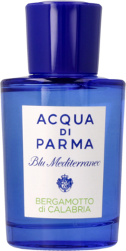 Acqua di Parma Blu Mediterraneo Bergamotto di Calabria, niebieska szklana butelka EDT z białą etykietą, widok z przodu.