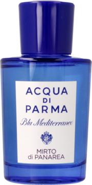 Acqua di Parma Blu Mediterraneo Mirto di Panarea, niebieska butelka wody toaletowej z białą etykietą, widok z przodu.