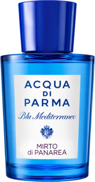 Acqua di Parma Blu Mediterraneo Mirto di Panarea, niebieska szklana butelka EDT unisex, widok z przodu.