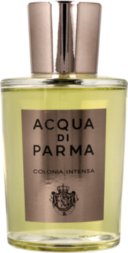 Acqua di Parma Colonia Intensa: męska woda kolońska, flakon z brązową etykietą i metalową zakrętką, z przodu.