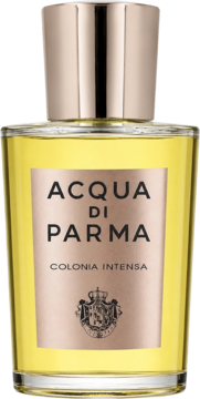 Acqua di Parma Colonia Intensa, męska woda kolońska w szklanej butelce z żółtym płynem, złotą nakrętką i beżową etykietą.