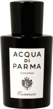 Czarny flakon perfum Acqua di Parma Colonia Essenza, widok z przodu, z białym napisem i herbem.