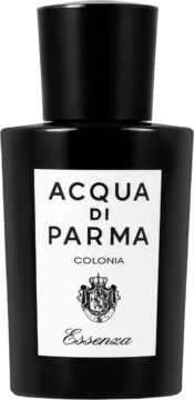 Czarna, elegancka butelka perfum Acqua di Parma Colonia Essenza, biała etykieta z nazwą i herbem, widok z przodu.