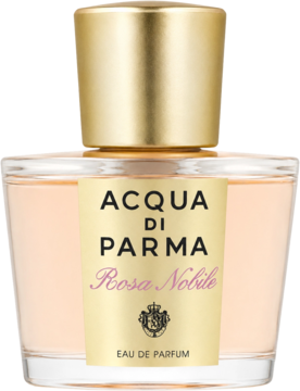 Acqua di Parma Rosa Nobile Eau de Parfum w przezroczystej butelce z jasnoróżowym płynem, złoty korek, widok z przodu.