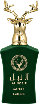 Perfumy Lattafa Al Noble Safeer, aksamitna zielona butelka ze złotym jeleniem na korku, widok z przodu.