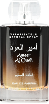 Lattafa Ameer Al Oudh, woda perfumowana 100ml. Ciemnobrązowa butelka z bursztynowym gradientem, z przodu.
