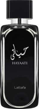 Perfumy Hayaati Lattafa: czarna butelka z metalicznym srebrem i arabskim napisem, widok frontalny.