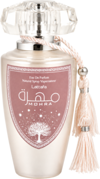 Perfumy Lattafa Mohra EDP w perłowej butelce z różową etykietą z drzewem i frędzlami, widok z przodu.
