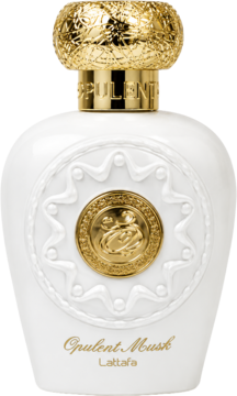 Biała, elegancka butelka perfum Opulent Musk Lattafa ze złotą zakrętką i wypukłymi zdobieniami, widok z przodu.