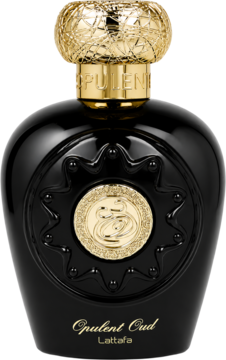 Opulent Oud Lattafa: czarna, ozdobna butelka perfum ze złotym, misternie zdobionym korkiem i detalami, przód.