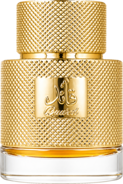 Złota woda perfumowana Lattafa Qaa'ed unisex, butelka z teksturowanym korpusem i napisem, widok z przodu.