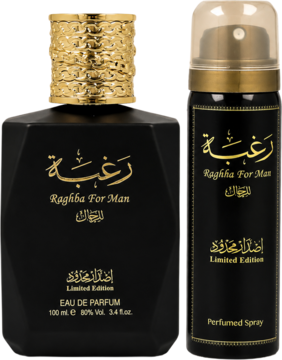 Zestaw Lattafa Raghba For Man: czarny fasetowany flakon EDP 100ml ze złotą nakrętką i czarny dezodorant perfumowany.