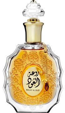 Lattafa Rouat Al Oud perfumy, misternie rzeźbiona butelka ze złotymi zdobieniami i bursztynowym płynem, przód.