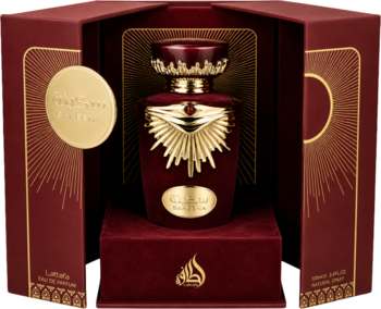 Luksusowy arabski flakon perfum Lattafa w otwartym, czerwonym pudełku, ze złotymi zdobieniami.