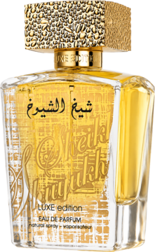 Złoty flakon perfum Lattafa Sheikh Shuyukh Luxe Edition EDP, z teksturowaną złotą nakrętką, widok z przodu.