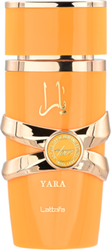 Yara Lattafa pomarańczowe perfumy w butelce ze złotym korkiem, ozdobną wstążką i napisem, widok z przodu.