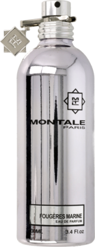 Srebrna, aluminiowa butelka Montale Fougeres Marine Eau de Parfum, z czarnym napisem, widok z przodu.
