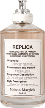 Maison Margiela Replica Flower Market EDT, szklana butelka z beżowym płynem, biała etykieta.