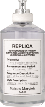 Maison Margiela Replica Lazy Sunday Morning, perfumy w przezroczystej butelce, biała etykieta, widok z przodu.