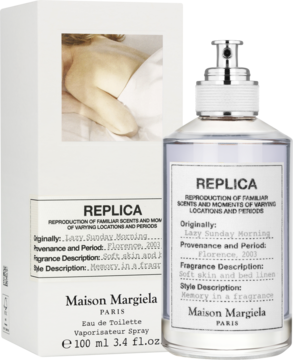 Maison Margiela Replica Lazy Sunday Morning woda toaletowa 100ml. Szklana butelka, białe pudełko z grafiką.