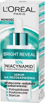 L'Oréal Paris Bright Reveal serum na przebarwienia, 10% niacynamid, turkusowo-białe pudełko, widok front.