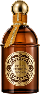 Guerlain Epices Exquises, woda perfumowana o nutach kawy i kardamonu, w brązowej butelce ze złotą wstążką, z przodu.
