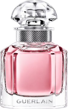 Różowa woda perfumowana Guerlain Mon Sparkling Bouquet w szklanej butelce quadrilobe z fasetowanym korkiem, widok z przodu.