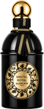 Guerlain Santal Royal perfumy, czarny flakon ze złotą zakrętką, wstążką i okrągłą, złotą etykietą.