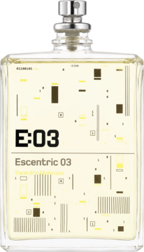 Escentric Molecules Escentric 03 woda toaletowa, prostokątna butelka z geometrycznym wzorem i metalowym korkiem, widok z przodu.