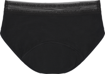 Czarne majtki menstruacyjne facelle Natural z bawełny organicznej, wysoki stan, gładkie, widok z przodu.