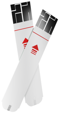 Dwa białe paski testowe do glukometru z czarnymi elektrodami i czerwonymi strzałkami, ułożone na krzyż.