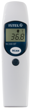 Biały termometr cyfrowy ISTEL NC300 BT, wyświetla 36.8°C, widok z przodu z przyciskami SCAN i zasilania.