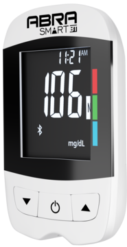 Glukometr ABRA SMART 30 w białej obudowie, widok z przodu, z cyfrowym wyświetlaczem pokazującym 106 mg/dL.