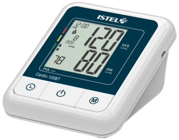 Cyfrowy ciśnieniomierz ISTEL Cardio-100BT, biały z niebieską ramką, widok pod kątem z cyfrowym wyświetlaczem 120/80.