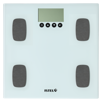 Biała, szklana waga łazienkowa Istel z cyfrowym wyświetlaczem i czterema czarnymi elektrodami, widok z góry.
