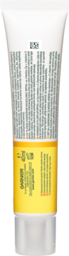 Tył tubki Garnier Vitamin C fluid SPF50+, biało-żółtej, z widocznym składem i pojemnością 40ml.
