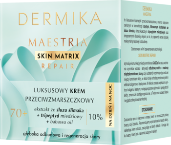 Dermika Maestria 70+ krem przeciwzmarszczkowy, białe opakowanie ze złotymi napisami i tealowymi falami.
