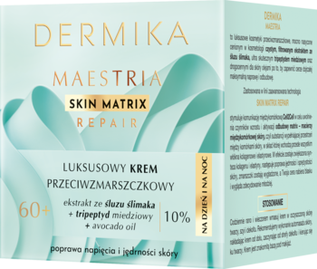 Dermika Maestria 60+ krem przeciwzmarszczkowy z miedzią i awokado, biało-zielone opakowanie, widok z przodu.